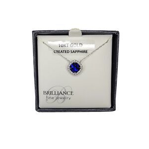 10K White Gold Lab-Created Blue Sapphire With Diamonds 18" Necklace